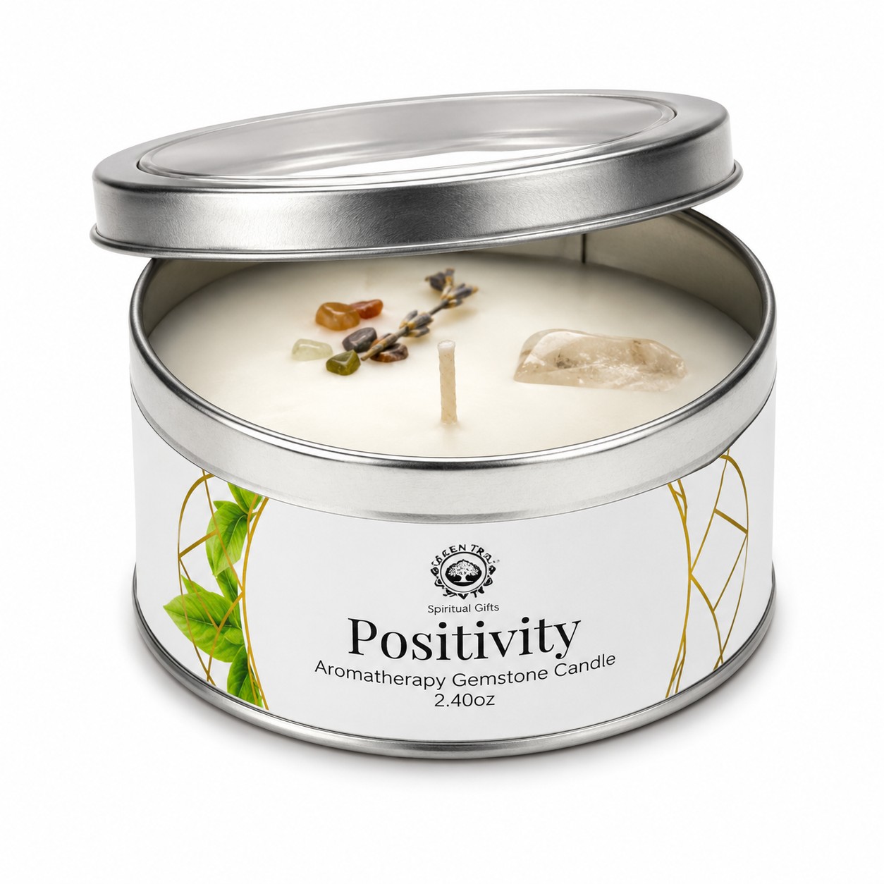 Bougie Green Tree Positivity, bougie parfumée au thé vert. couvercle ouvert
