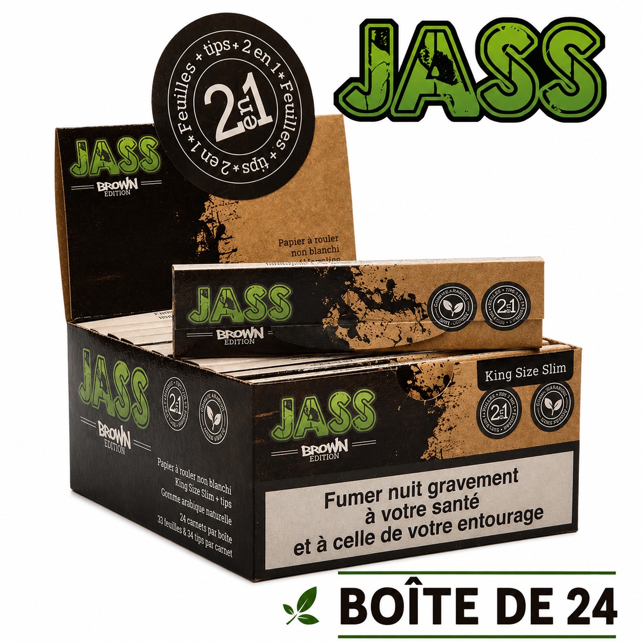 Jass Brown slim 2 en 1, Boîte de 24 carnets de 33 feuilles + 33 filtres