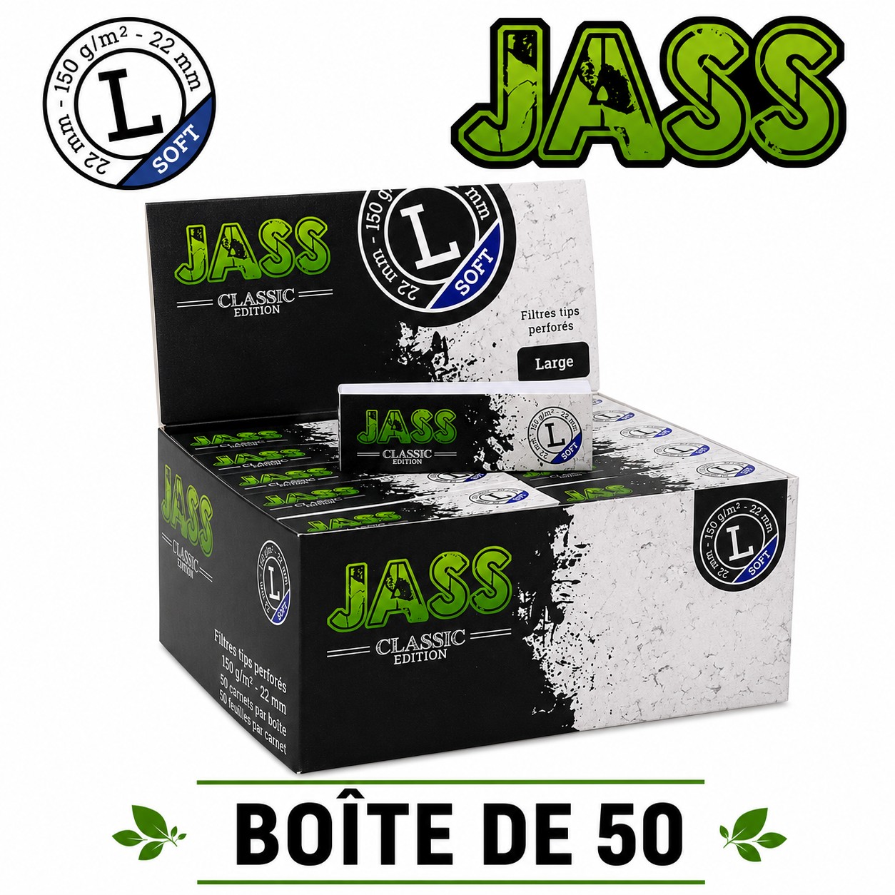 Jass Filtre Carton Classic Soft L, Boîte de 50 carnets de 5O